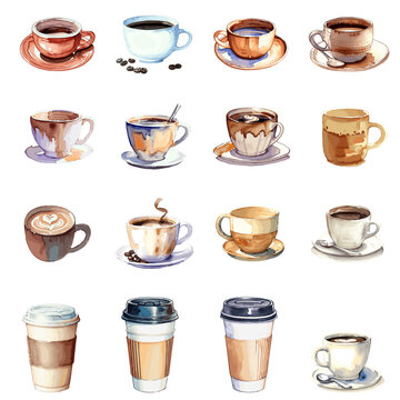 16 Kaffee Tassen Aquarell Zeichnungen Vektor Grafik | Coffee Cups Watercolor Drawings Vector Graphic
