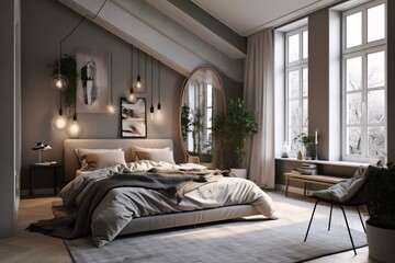 Luxury bedroom interior design. Scandinavian style. created with Generative AI