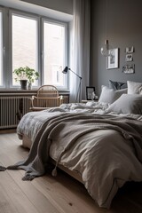 Interior of a modern bedroom with grey bedding and pillows. Scandinavian style. created with Generative AI