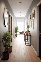 Interior of a modern hotel corridor. Scandinavian style. created with Generative AI