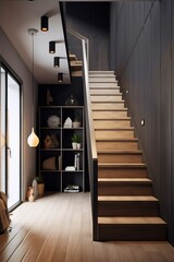 Interior of modern living room with wooden staircase and bookshelf. Scandinavian style. created with Generative AI