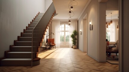 Interior of a modern living room with wooden stairs. Scandinavian style. created with Generative AI