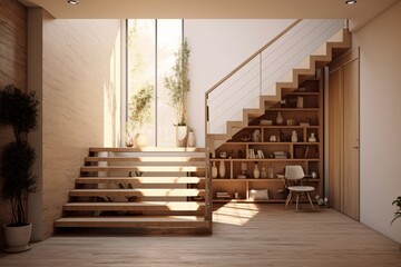 Wooden stairs in a modern office. Scandinavian style. created with Generative AI