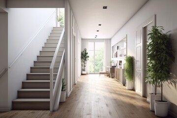 Interior of modern bright living room with white walls, wooden floor and white staircase. Scandinavian style. created with Generative AI