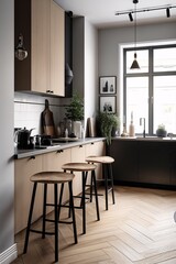 Interior of modern kitchen with black and beige walls and wooden floor. Scandinavian style. created with Generative AI
