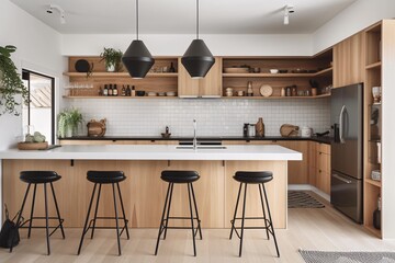 Interior of modern kitchen with white and wooden walls, floor, white countertops and bar with stools. Scandinavian style. created with Generative AI