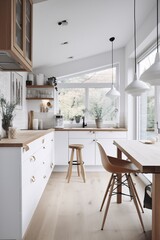 Fototapeta na wymiar Interior of modern kitchen with white walls, wooden floor and white countertops. Scandinavian style. created with Generative AI