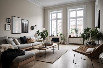 Living room interior with sofa, armchair, coffee table and plants. Scandinavian style. created with Generative AI