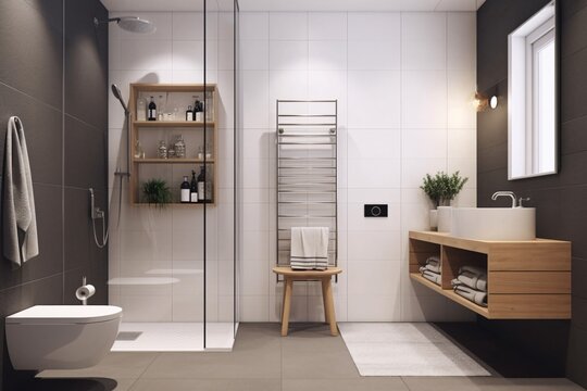 Fototapeta Modern bathroom interior with tiled walls, tiled floor, white bathtub and wooden shelf with towels. Scandinavian style. created with Generative AI