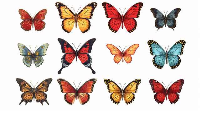  set of butterflies different color variation isolated in white background, generative ai