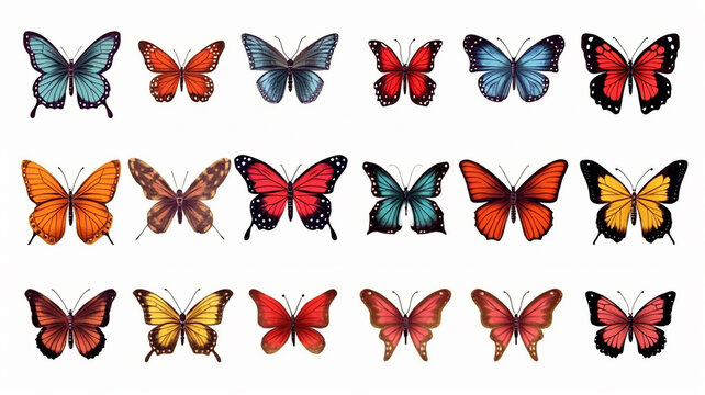  set of butterflies different color variation isolated in white background, generative ai