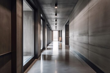 Interior of a modern office building with a long corridor. Industrial, concrete or loft Style. created with Generative AI