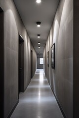 interior of a modern office building, corridor with black walls and lamps. Industrial, concrete or loft Style. created with Generative AI