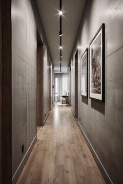 Interior of a modern hotel corridor, view of the corridor or apartment, house. Industrial, concrete or loft Style. created with Generative AI