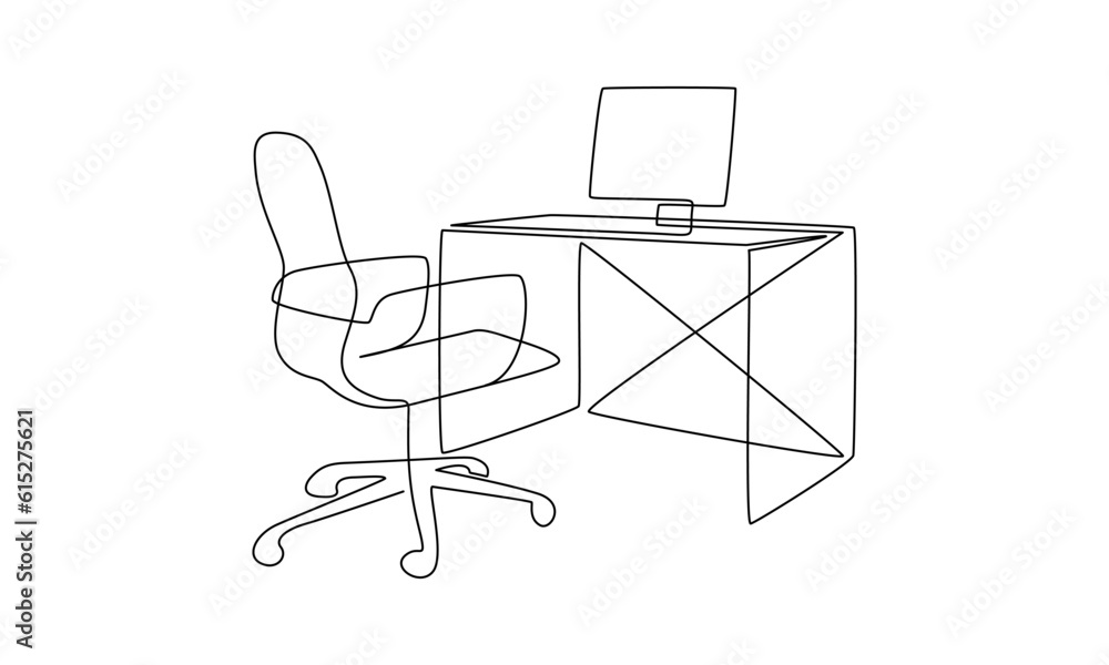 Poster One continuous line drawing of home office interior. Modern work desk and chair with laptop in simple linear style. Remote distant work concept in editable stroke. Contour vector illustration