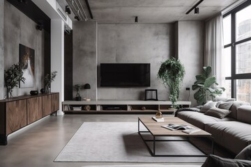 Modern living room interior with sofa, TV and plants. Industrial, concrete or loft Style. created with Generative AI