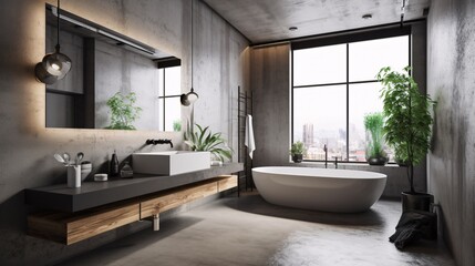 Interior of modern bathroom with concrete walls, floor, white bathtub and panoramic window with city view. Industrial, concrete or loft Style. created with Generative AI