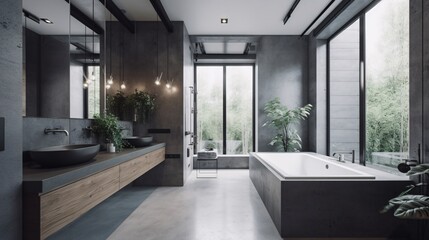 Interior of modern bathroom with black and wooden walls, concrete floor, comfortable bathtub and double sink. Industrial, concrete or loft Style. created with Generative AI