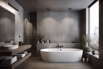 Interior of modern bathroom with concrete walls, wooden floor, comfortable white bathtub standing on it. Industrial, concrete or loft Style. created with Generative AI