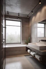 Corner of modern bathroom with concrete walls, concrete floor, comfortable bathtub and window with city view. Industrial, concrete or loft Style. created with Generative AI