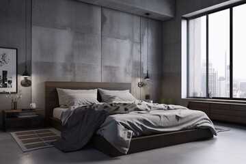 Modern loft bedroom interior with concrete walls, concrete floor, gray master bed with gray linen and panoramic window. Industrial, concrete or loft Style. created with Generative
