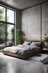 Modern bedroom interior design with wooden bed. 3d render concept. Industrial, concrete or loft Style. created with Generative AI