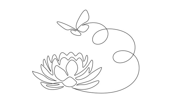 Flower lotus with flying butterfly in one continuous line drawing. Logo yoga studio and wellness spa salon concept in simple linear style. Water lily in editable stroke. Doodle vector illustration