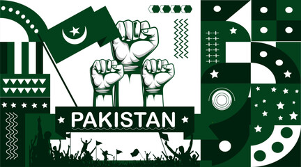 Pakistan national day banner with Pakistan flag colors theme background and geometric abstract retro modern Green white design. Pakistan Sports Games Supporters Vector Illustration.