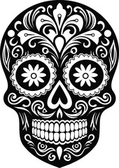 Ornately decorated Day of the Dead sugar skull, or calavera. Black and white vector illustration isolated on white background