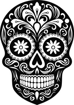 Ornately decorated Day of the Dead sugar skull, or calavera. Black and white vector illustration isolated on white background
