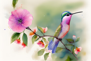 A hummingbird with a rainbow of colors, perched atop a sun-kissed flower, painted in a soft watercolor style. AI- Generated
