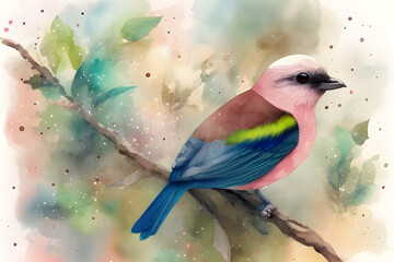 A hummingbird with a rainbow of colors, perched atop a sun-kissed flower, painted in a soft watercolor style. AI- Generated