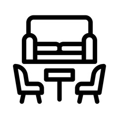 Living room furniture Icon on White Background. Apartment interior pixel perfect linear icon. Cozy home. Sofa.