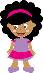 Girl with pink shirt and purple skirt with pink bow on head