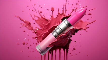 Pink lipstick with a pink color splashes, Generative AI - obrazy, fototapety, plakaty