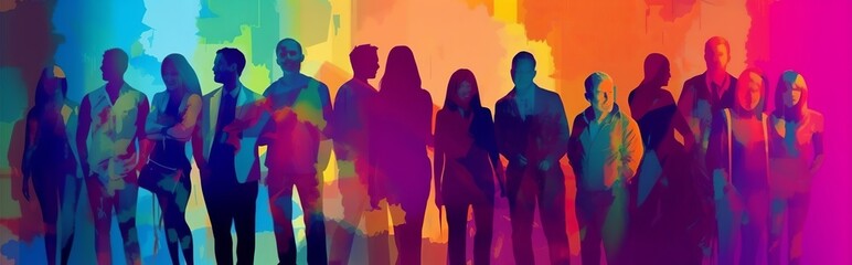 A colorful illustration of a group of people as background wallpaper. Created with Generative AI technology
