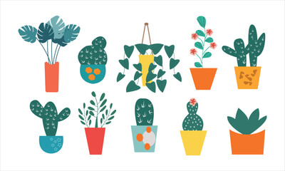 Set of trendy potted plants for home. Different indoor houseplants isolated on white background. Alocasia, begonia, fan palm, monstera, ficus, strelitzia and oxalis. Colored flat vector illustration