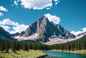 mountain, landscape, nature, snow, sky, clouds, trees, view, rock