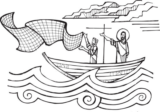 Hand drawn illustration of Jesus casting the nets.