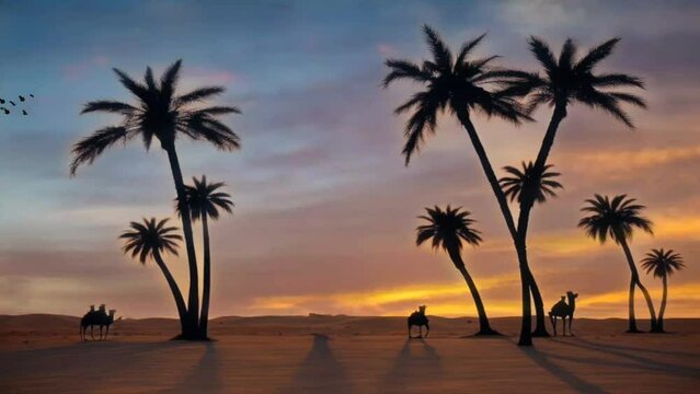 Desert fantasy landscape with camels and palm trees at beautiful sunset. Virtual concept Sahara desert illustration with seamless loop