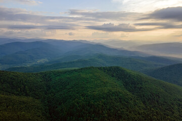 Aerial view of green pine forest with dark spruce trees covering mountain hills. Nothern woodland...
