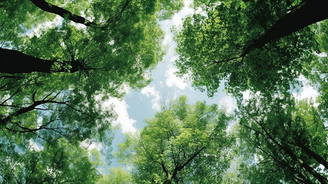 Trees in forest from below, green tops of trees, blue sky background