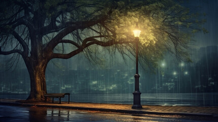 Rainy day night with a lamp post with big tree, Generative AI