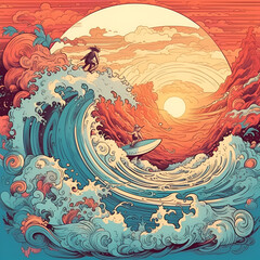 Wave in a orange landscape, sea, water, surf, blue, sunset