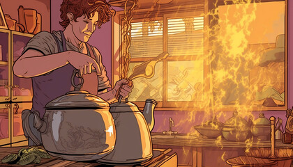 Man at the kitchen, cooking, tea, home, house, husband