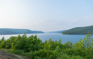 Fototapeta na wymiar Allegheny national fores Kinzua point vacation destination Pa copy space travel graphic resources, summer day, hot weather, valley lake 