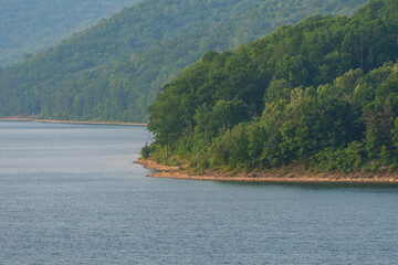 Fototapeta premium Allegheny national fores Kinzua point vacation destination Pa copy space travel graphic resources, summer day, hot weather, valley lake 