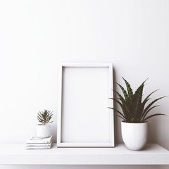 Blank white picture frame poster mockup. Modern table, white top, still life composition organic shape vase, green leaf plant, small round vase on top of a stack of 3 small books. 