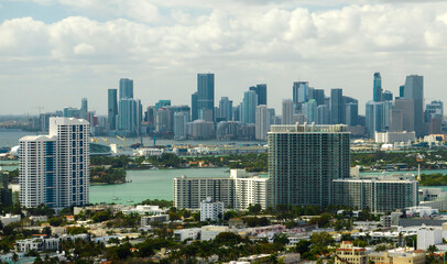 Fototapeta na wymiar Urban landscape of downtown district of Miami city in Florida, USA. Skyline with high skyscraper buildings in modern american megapolis