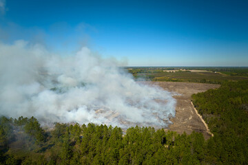 View from above of dense smoke from woodland and field on fire rising up polluting air. Concept of natural disaster